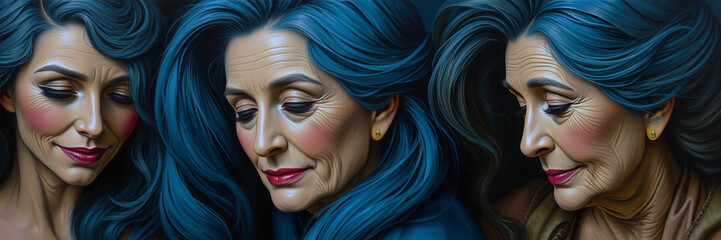Fototapeta premium Three women with blue hair and makeup. The women are all smiling and looking at the camera. The image is a collage of three different women, each with their own unique style and expression