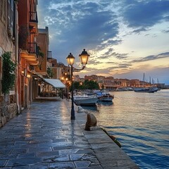 Old Chania harbor embankment, Greece.