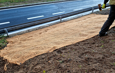 Slope stabilization by vegetation planting of shrubs. so that the mulch bark does not slide down by...