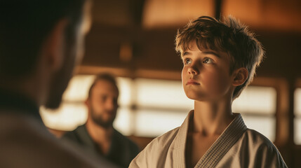 Fototapeta premium A young karate student looking up at their sensei, respect and determination visible on their face, warm indoor lighting