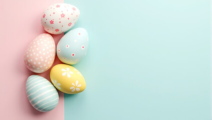 Obraz premium A clean, minimalist layout featuring colorful Easter eggs arranged in a geometric pattern on a pastel-colored background
