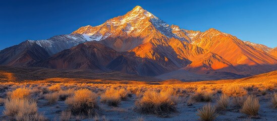 Naklejka premium Majestic sunrise illuminates a snow-capped mountain range and desert landscape.