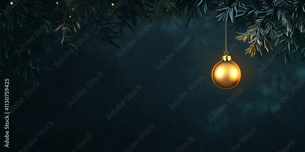 Poster minimalistic dark background featuring a glowing golden ornament hanging from a pine branch with twi