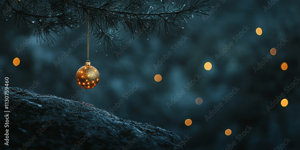 Poster minimalistic dark background featuring a glowing golden ornament hanging from a pine branch with twi