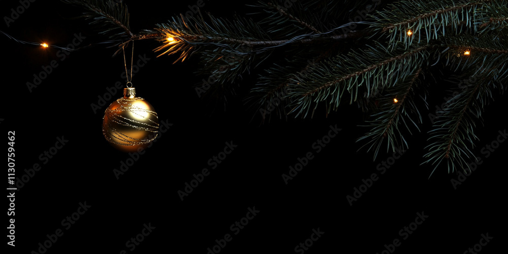 Poster minimalistic dark background featuring a glowing golden ornament hanging from a pine branch with twi