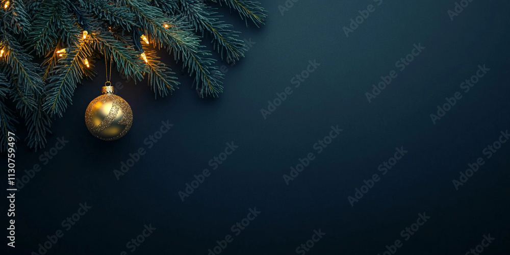 Poster minimalistic dark background featuring a glowing golden ornament hanging from a pine branch with twi