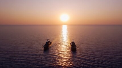 Fototapeta premium Sunset Silhouette Two Warships at Sea Ocean Golden Hour Naval Vessels
