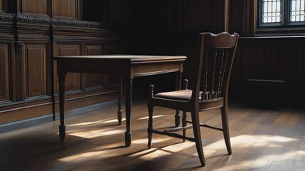 Fototapeta premium A Wooden Table and Chair in a Sunlit Room