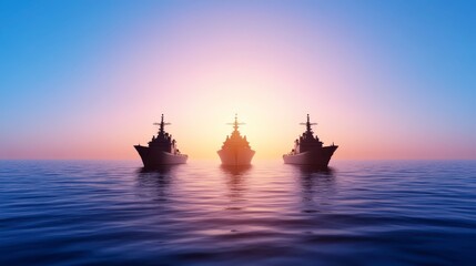Obraz premium Three Warships at Sunset Ocean Navy Military Ships Sea