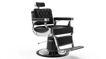 Vintage Retro Barber Chair with Black Leather Seats and Polished Metal Accents on White Background