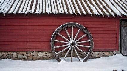 Obraz premium Rustic Wagon Wheel Against a Red Barn in Snowy Landscape