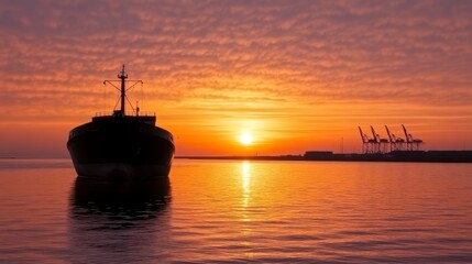 Naklejka premium Sunset Cargo Ship at Port Golden Hour Industrial Harbor