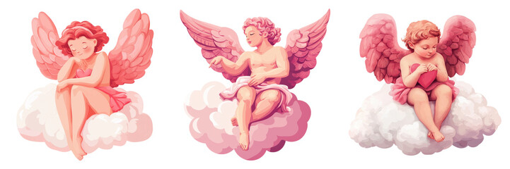 Minimal Love Symbol. Angelic figures resting on fluffy clouds in whimsical style Transparent Background