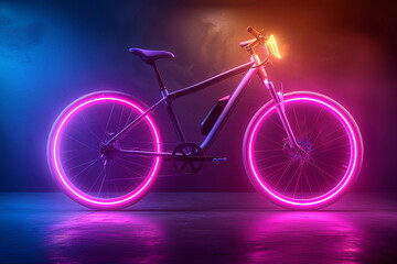 Fototapeta premium Futuristic Electric Bike with Neon Lights in a Modern Studio Setting