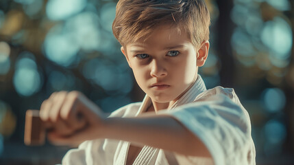 Young karate student breaking a wooden board mid-strike, captured in dynamic motion, bright natural lighting