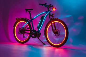 Fototapeta premium Futuristic Electric Bike with Neon Lights in a Modern Studio Setting