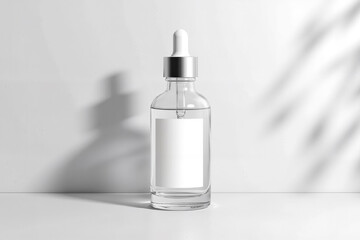 Naklejka premium empty bottle of beauty serum, cosmetics plain mock up, sleek premium design, clear glass transparent shapes with white environment and natural lighting background
