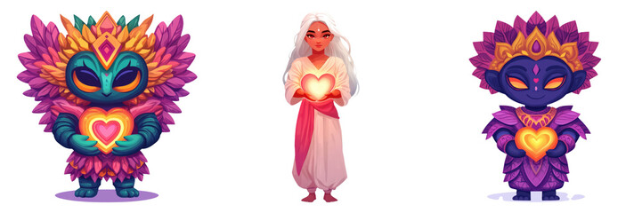 Fototapeta premium Minimal Love Symbol. Colorful fantasy characters with glowing hearts in whimsical style Transparent Background