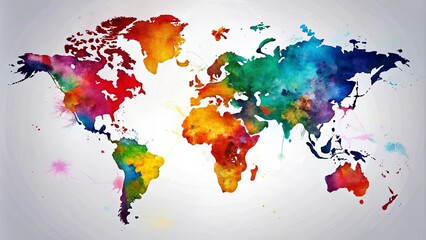 Fototapeta premium Vibrant Watercolor World Map A Colorful Artistic Representation of Global Interconnectedness