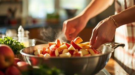 Hands tossing red apple slices into a bowl, with a blurred kitchen backdrop