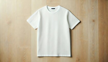 A crisp white shirt elegantly displayed on a warm-toned wooden surface with a minimalist and cozy aesthetic. The clean lines and natural textures make this mock-up perfect for showcasing products .