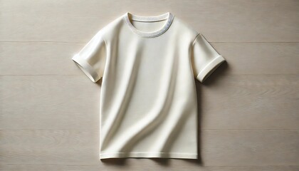 A crisp white shirt elegantly displayed on a warm-toned wooden surface with a minimalist and cozy aesthetic. The clean lines and natural textures make this mock-up perfect for showcasing products .