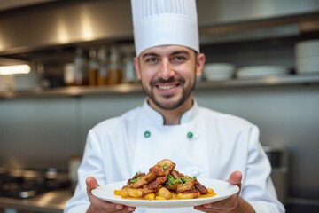 chef in restaurant posing with dish he made