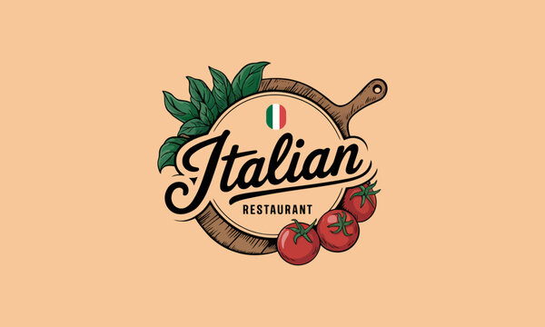 Italian restaurant logo with pizza board and ingredients