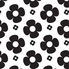 Fototapeta premium Bold black flowers on a clean white background create a seamless retro floral pattern, perfect for fabric, wallpaper, wrapping paper, or digital design.