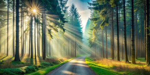 Obraz premium Sunbeams Illuminate a Misty Forest Road at Dawn