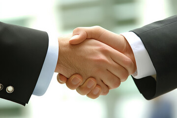 Handshake between two people in business suits, symbolizing partnership and agreement.