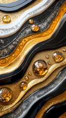 Abstract Gold, Black, and White Resin Art, Wavy Layers with Sparkling Gems