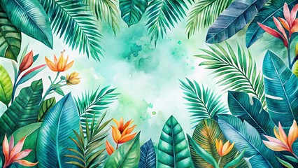 Fototapeta premium Lush Tropical Foliage and Vibrant Flowers Watercolor Painting