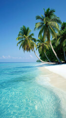 Clear turquoise water and white sandy beach with palm trees under a bright blue sky, tropical and tranquil.