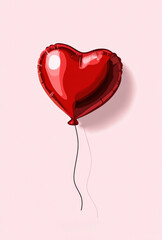 Red heart-shaped foil balloon on a pink background, vibrant and romantic design.