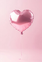 Pink foil heart balloon with string on a soft pink background, romantic and festive.