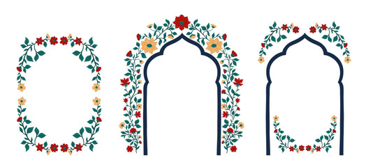 Mughal decorative arch ornamental floral. Vintage intricate traditional mughal style with flowers and foliage.