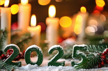 digits 2025 on a blurred Christmas holiday background, a place for text and advertising