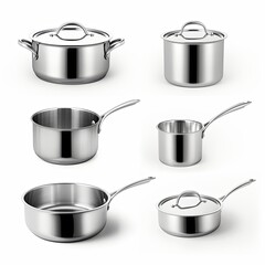 A collection of stainless steel cookware with lids, including pots and pans, featuring a polished finish for modern kitchens.