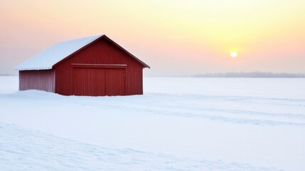 Serene Winter Sunset Red Barn in Snowy Landscape