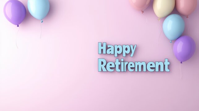 A cheerful retirement celebration scene featuring balloons and a "Happy Retirement" message against a pastel background.