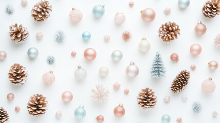 Flat lay of pastel-toned Christmas decorations, pine cones, and tiny ornaments arranged in a playful pattern on white