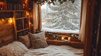 114. A cozy reading nook by the window with snow falling outside and festive decor