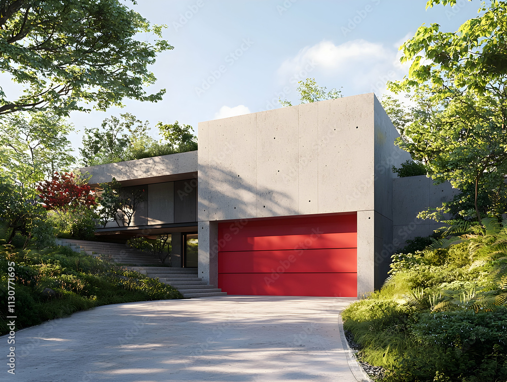 Poster 3d rendering of a modern house with a red garage door. the exterior design is simple and elegant, fe