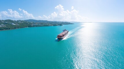 Obraz premium Container Ship Sailing Coastal Waters Sunny Day