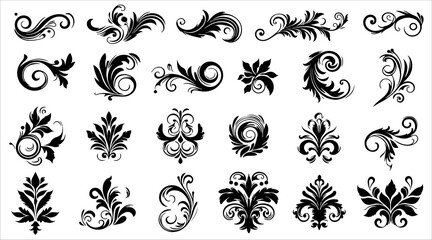 Set os decorative swirls and lines. Flourish line border ornament, filigree decor element. Vintage frame, header text separator.