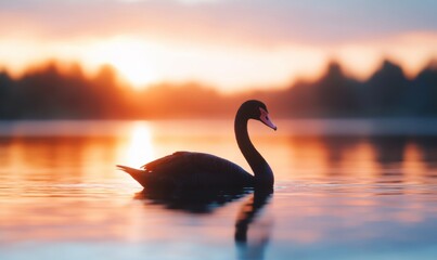 Fototapeta premium Striking Black swan with natural sunrise