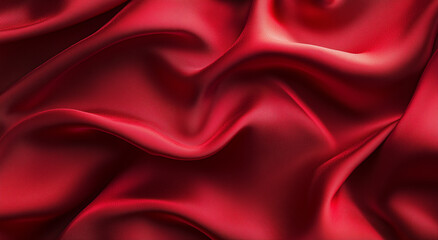 Obraz premium Top view burgundy silk satin fabric background with wavy folds. Valentine's Day or Christmas background texture for design of greeting cards, postcards, fashion, or jewelry products. 