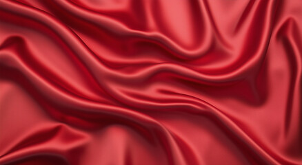 Obraz premium Top view red silk satin fabric background with wavy folds. Valentine's Day or Christmas background texture for design of greeting cards, postcards, fashion, or jewelry products. 