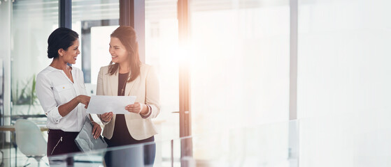Banner, business women and paperwork for discussion, collaboration and advice as feedback in...